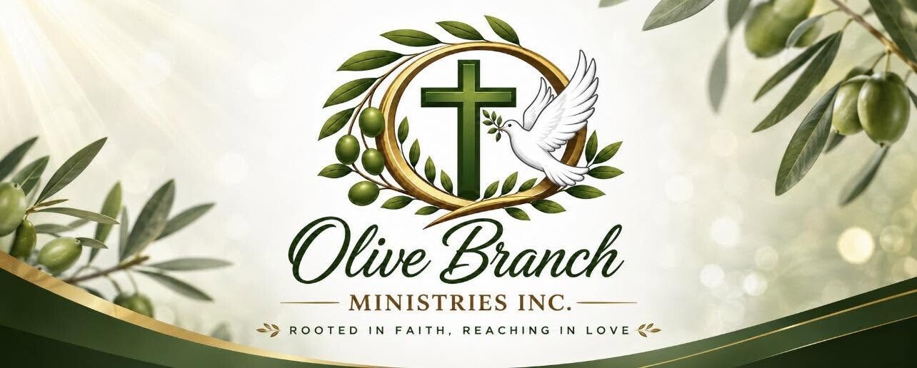 Olive Branch Ministries Inc. emblem: a green cross in a gold ring, olive branches, and a dove, with the words Olive Branch Ministries Inc. and Rooted in Faith, Reaching in Love.